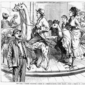 NEW YORK: CONEY ISLAND. Summer Pleasures - Scene at a Merry-Go-Round, Coney Island. Wood engraving from an American newspaper of 1883