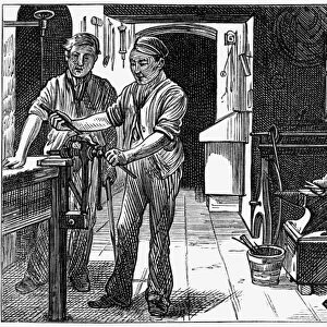 NEWGATE PRISON, 1873. Prisoners at work at Newgate Prison in London. Wood engraving