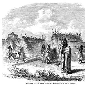OBIBWA ENCAMPMENT, 1858. A camp of Ojibwa Native Americans near the falls of the Rainy River