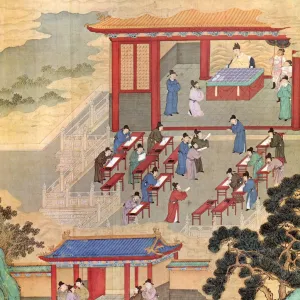 Officials of several Chinese cities compose essays designed to demonstrate their knowledge of Confucian texts, at the court of T ang emperor Ming Huang (712-756), who supervises the examination from a pavilion at the rear. Chinese painting