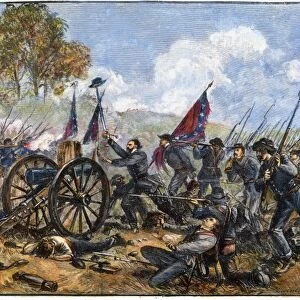 PICKETTs CHARGE, 1863. Confederate troops of Major General George E. Picketts command making their famous charge on 3 July 1863 at Gettysburg against Union positions on Cemetery Ridge: wood engraving after a drawing by A. R. Waud