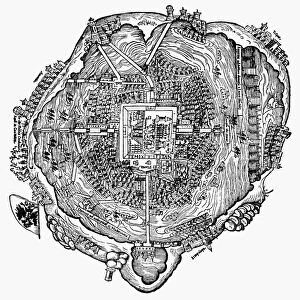 Plan of Tenochtitlan (site of modern Mexico City) at the time of the Spanish Conquest. Woodcut from the Latin edition of Hernando Cortes Second Letter, printed at Nuremberg, Germany, in 1524