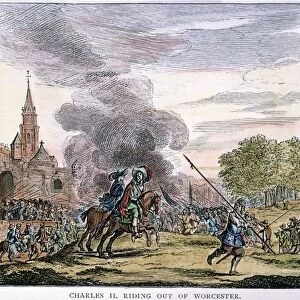 PRINCE CHARLES (later Charles II of England) rides out of the city of Worcester to fight Oliver Cromwells Parlimentary forces in 1651: Dutch engraving, 1661