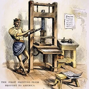 PRINTING PRESS, 1639. The first printing press brought to colonial America in 1639 by the English printer Stephen Daye, who set it up in Cambridge, Massachusetts. Wood engraving, American, 19th century