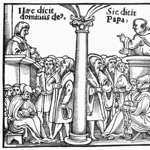 PROTESTANT VERSUS CATHOLIC. A Protestant cleric, left, preaching Gods word, and a Catholic priest preaching what the Pope dictates. Wood engraving after a German pamphlet by Hans Sachs, c1520s