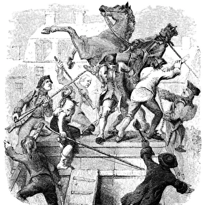 Pulling down the statue of George III in New York after the reading of the Declaration of Independence in 1776. Wood engraving, 19th century