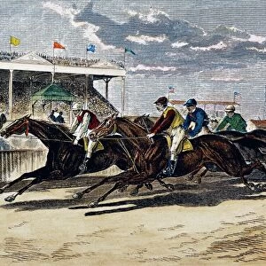 Racing at the Brighton Beach Fair Grounds in Brooklyn, New York. Line engraving, American, 1879, after a drawing by Paul Frenzeny