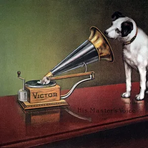 RCA VICTOR TRADEMARK. His Masters Voice. Trademark image of RCA Victor, featuring Nipper the dog. American lithograph poster, c1920