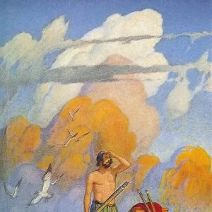 ROBINSON CRUSOE. Aboard his raft: illustration, 1920, by N. C. Wyeth
