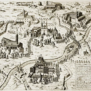 ROME: CHURCHES, 1575. Pilgrims visiting churches in Rome. Line engraving, 1575