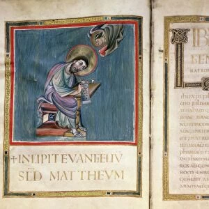 SAINT MATTHEW. Illumination and text from the Quedlinburg gospels, German, 9th century