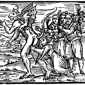 SATAN AND WITCH, 1626. A witch giving the ritual kiss to Satan. Woodcut, Italian, 1626