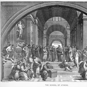 THE SCHOOL OF ATHENS. Plato and Aristotle at center. Line engraving after the fresco, 1509-1510, by Raphael