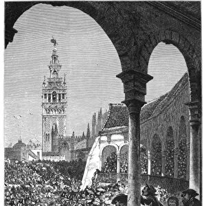 SEVILLE: BULL RING, c1875. A Ticket in the Shade. Scene at the bull ring in Seville, Spain. Wood engraving, c1875, after Harry Fenn