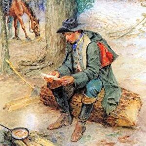 SHEPPARD: NEWS FROM HOME. A Confederate cavalryman, seated beside a campfire, reads a letter from home. Watercolor on paper, n. d. by William Ludwell Sheppard (1833-1912)