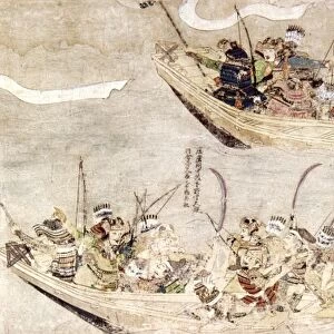Ships of the Mongol invasion fleet are sunk during a typhoon ( kamikaze ) off the coast of Japan, 1281. Detail from Japanese scroll painting on paper, c1293, attributed to Tosa Nagataka and Tosa Nagaaki