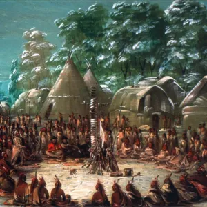 SIEUR DE LA SALLE (1643-1687). French explorer. La Salles party feasting in Illinois Village, 1680: oil on canvas, 1847, by George Catlin