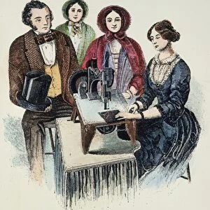 SINGER SEWING MACHINE, 1853. Isaac M. Singer supervising a demonstration of his perpendicular-action sewing machine at his office at 323 Broadway, New York City: colored engraving, c1853