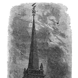 The spire of the Old North (Christ) Church in which two lanterns glowed in the night of 18 April 1775 in prearranged signal that the British were coming. Wood engraving, 19th century