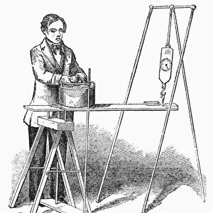A spirit writing apparatus demonstrated at the Broadway Tabernacle in New York City on 24 November 1855 by Dr. Robert Hare. Contemporary American wood engraving