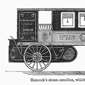 STEAM OMNIBUS, 1830s. Walter Hancocks steam omnibus, which provided service in London from 1833 to 1840. Wood engraving, English, c1860