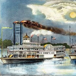 STEAMBOAT RACE, 1870. The Great Mississippi Steamboat Race between the Robert E. Lee and the Natchez from New Orleans to St. Louis won by the Robert E. Lee in 3 days, 18 hours, and 14 minutes on 4 July 1870. Lithograph, 1870, by Currier & Ives