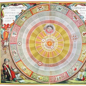 With the sun at the center; Copernicus appears at lower right and Ptolemy at lower left. Copperplate engraving from Andreas Cellarius Atlas Coelestis seu Harmonia Macrocosmica, published in 1660 in Amsterdam