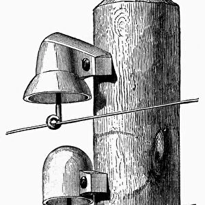 TELEGRAPH INSULATORS. Insulators on a telegraph pole. Line engraving, 19th century
