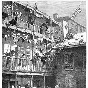 TENEMENT LIFE, 1879. Rag-Pickers Court off Mulberry Street in New York City. American wood engraving after W. A. Rogers, 1879