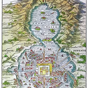 TENOCHTITLAN (MEXICO CITY) at the time of the Spanish Conquest: colored woodcut, 1556