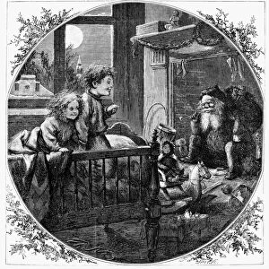 THOMAS NAST: CHRISTMAS. Santa Claus coming down the chimney. Wood engraving after a drawing by Thomas Nast (1840-1902)