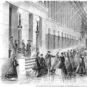 TREASURY CLERKS, 1865. Female clerks exiting the Treasury Department at Washington, D. C. Wood engraving from a newspaper of 1865