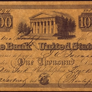 U. S. BANK BANKNOTE, 1840. One thousand dollar banknote issued in 1840 by The Bank