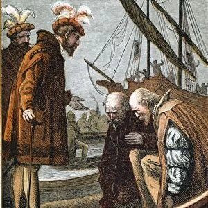 VASCO DA GAMA taking leave from King Manuel of Portugal at his departure from Lisbon for India on July 8, 1497. Colored engraving, 19th century