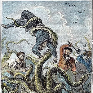 VERNE: 20, 000 LEAGUES, 1870. One of Captain Nemos sailors seized by a giant cuttlefish. Wood engraving after a drawing by Alphonse de Neuville from an 1870 edition of Twenty Thousand Leagues Under the Sea by Jules Verne