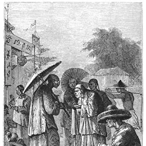VERNE: AROUND THE WORLD. In his stroll Passepartout came across a number of old natives. Wood engraving after a drawing by Leon Benett from the 1873 edition of Around the World in 80 Days, by Jules Verne