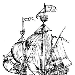 VERRAZZANOs SHIP. Drawing of Giovanni de Verrazzanos 100-ton carrack, Dauphine