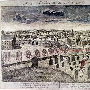 View of Concord as the British troops enter, 19 April 1775. Line engraving by Amos Doolittle, 1775
