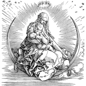 VIRGIN IN GLORY. Woodcut, 1511, by Albrecht Durer