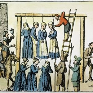 WITCHES, 1678. The public hanging of witches in Scotland: colored engraving, 1678