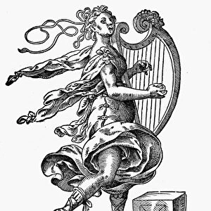 WOMAN PLAYING THE HARP. Wood engraving