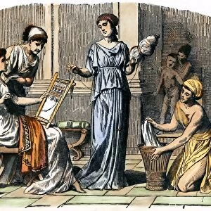 WOMEN OF ANCIENT GREECE performing household chores. Wood engraving, late 19th century