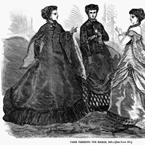 WOMENs FASHION, 1867. Paris Fashions for March, 1867. Wood engraving from an English newspaper of 1867