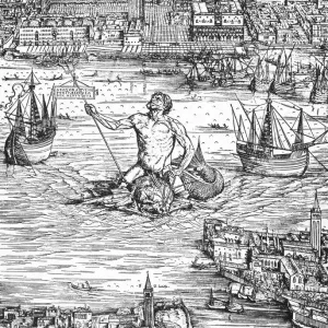 Woodcut Print of Poseidon on a Dolphin Approaching Venice Harbor Woodcut Print of Poseidon on a Dolphin Approaching Venice Harbor
