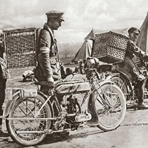 WWI: CARRIER PIGEONS. British motorcyclists taking carrier pigeons to front line