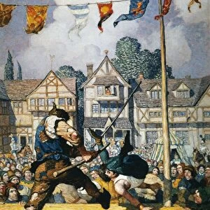 WYETH: ROBIN HOOD, 1917. Robin Hood defeats Nat of Nottingham at quarter-staff
