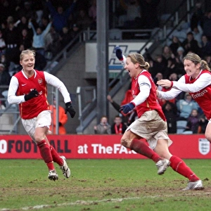 Jayne Ludlow celebrates scoring Arsenals goal with Ciara Grant and Katie Chapman