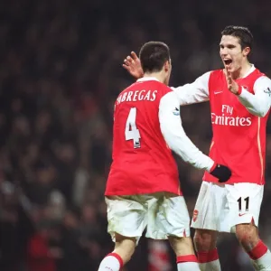 Robin van Persie celebrates scoring Arsenals 5th goal his 2nd with Cesc Fabregas