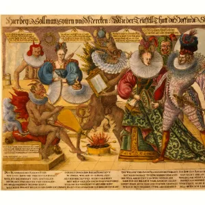 Allegory Of Vanity (presumptuousness) Showing Five Demon-like Figures Confronting A Man And A Woman Wearing Elaborate Collars. NA