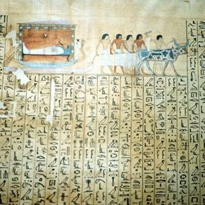 Ancient Egyptian papyrus of Book of the Dead showing pharaoh on bier being drawn to burial